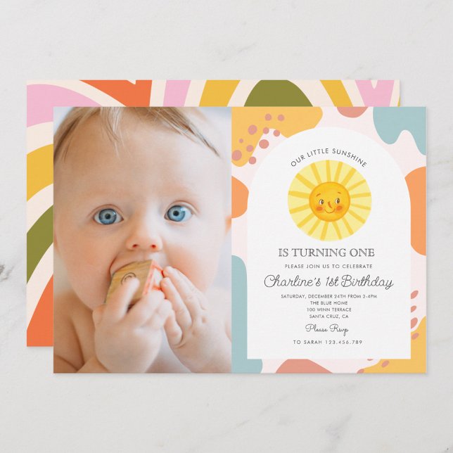 Photo Pastel Cute Sun Retro Wavy 1st Birthday Invitation (Creator Uploaded)