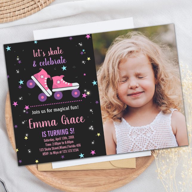 Photo Patinage rose violet Invitations Anniversair (Photo Pink Purple Skating Birthday Invitations)