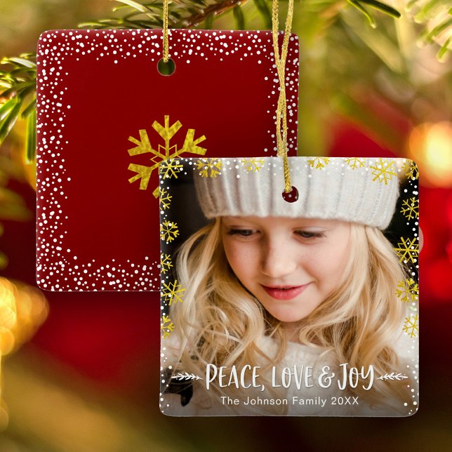 Photo Peace Love and Joy Gold Snowflakes Keepsake Ceramic Ornament (Creator Uploaded)