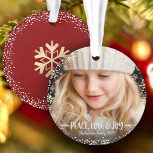 Photo Peace Love Joy Gold Snowflake Chic Christmas Ornament