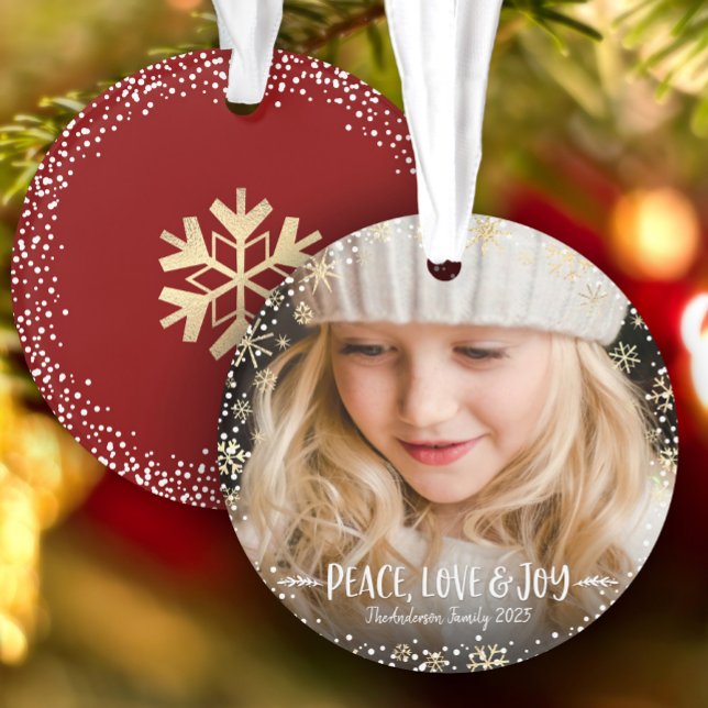 Photo Peace Love Joy Gold Snowflake Chic Christmas Ornament (Creator Uploaded)