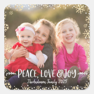 Photo Peace Love Joy Gold Snowflake Elegant Custom Square Sticker