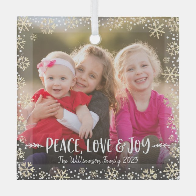 Photo Peace Love Joy Gold Snowflake Holiday Modern Glass Ornament (Front)