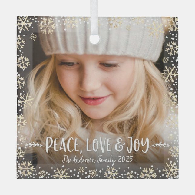 Photo Peace Love Joy Gold Snowflake Modern Holiday Glass Ornament (Front)