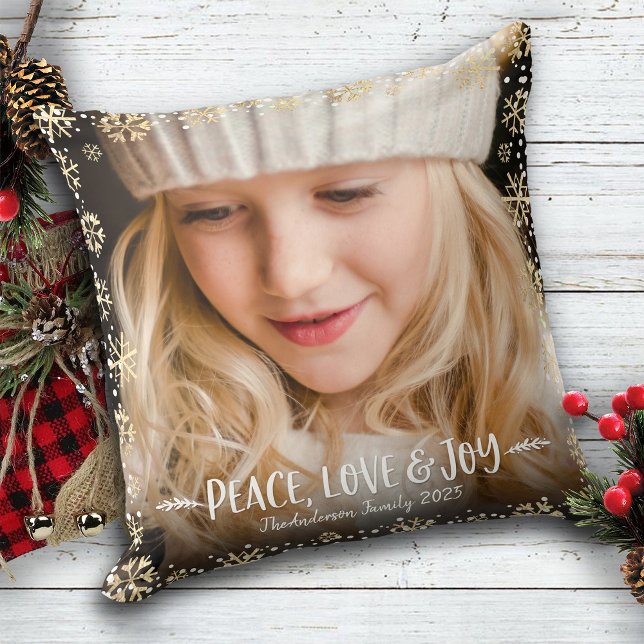 Photo Peace Love Joy Gold Snowflakes Bold Modern Throw Pillow (Creator Uploaded)
