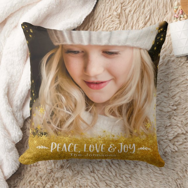 Photo Peace Love Joy Quote Gold Stars Holiday Name Throw Pillow (Blanket)