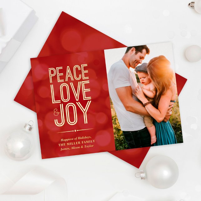 Photo Peace Love & Joy Red Foil Holiday Card (Creator Uploaded)