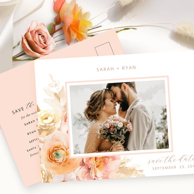 Photo Peach and Blush Pink Wedding Save the Date Announcement Postcard (Creator Uploaded)