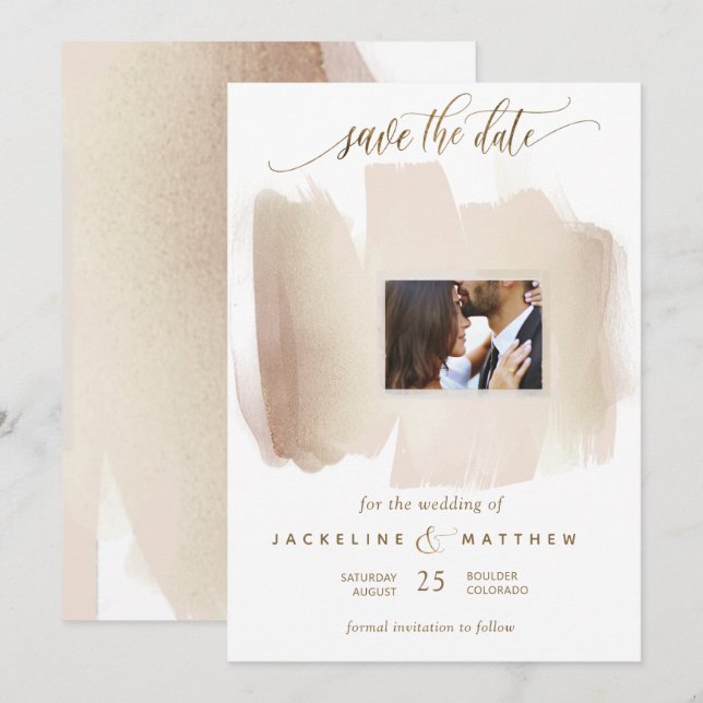 Photo Peach and Rust Brush Strokes Minimal Wedding Save The Date (Front/Back)