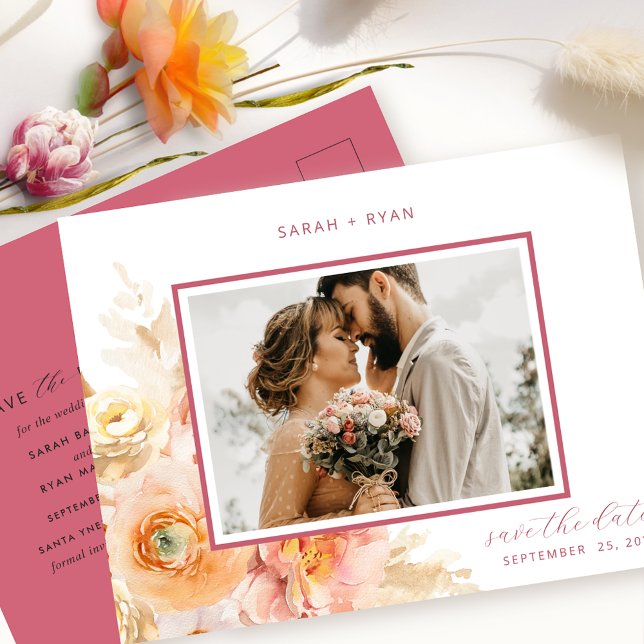 Photo Peach Blush, Burgundy Wedding Save the Date Announcement Postcard (Creator Uploaded)