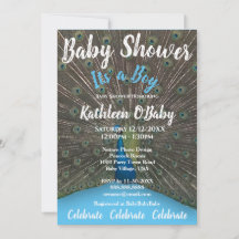 PHOTO PEACOCK BLUE BOUTON BABY SHOWER INVITATION