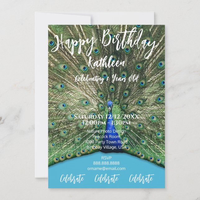 PHOTO PEACOCK BLUE HAPPY BIRTHDAY INVITATION (Devant)