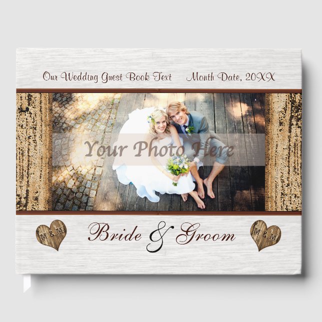 Photo Personalize Rustic Wooden Wedding Guest Book (Front)