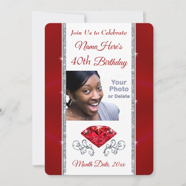 Photo, Personalized, 40th Birthday Invites Female (Front)
