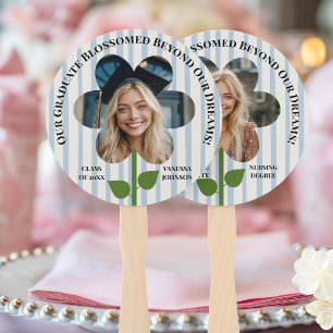 Photo Personalized Graduate Flower Blue Stripes Hand Fan