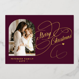 Photo personalized Merry Christmas burgundy gold Foil Holiday Card