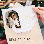 Photo personalized Merry Christmas script gold Foil Holiday Card<br><div class="desc">Elegant stylish Merry Christmas real gold classic calligraphy script family photo simple white minimalist holiday card with your custom personalized text on both sides. PLEASE NOTE that the background colour is editable. You can change it after selecting CUSTOMIZE option down below the PERSONALIZE IT menu. If you don't feel at...</div>