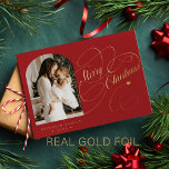 Photo personalized Merry Christmas script gold Foil Holiday Card<br><div class="desc">Elegant stylish Merry Christmas real gold classic calligraphy script family photo red holiday card with your custom personalized text on both sides. PLEASE NOTE that the background colour is editable. You can change it after selecting CUSTOMIZE option down below the PERSONALIZE IT menu. If you don't feel at ease changing...</div>