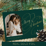 Photo personalized Merry Christmas script gold Foil Holiday Card<br><div class="desc">Elegant stylish Merry Christmas real gold classic calligraphy script family photo green holiday card with your custom personalized text on both sides. PLEASE NOTE that the background colour is editable. You can change it after selecting CUSTOMIZE option down below the PERSONALIZE IT menu. If you don't feel at ease changing...</div>