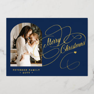Photo personalized Merry Christmas script gold Foil Holiday Card