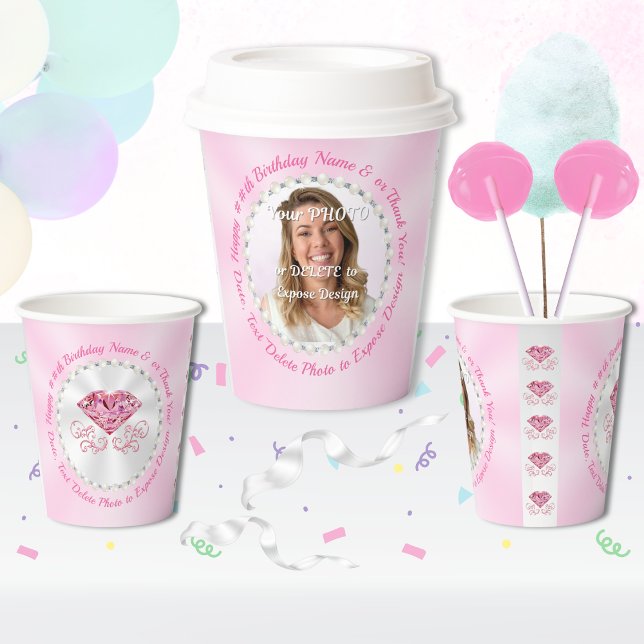 Photo Personalized, Pink Birthday Paper Cups (Pink themed birthday party ideas. Personalized, pink paper cups with lids. Pink birthday party.)