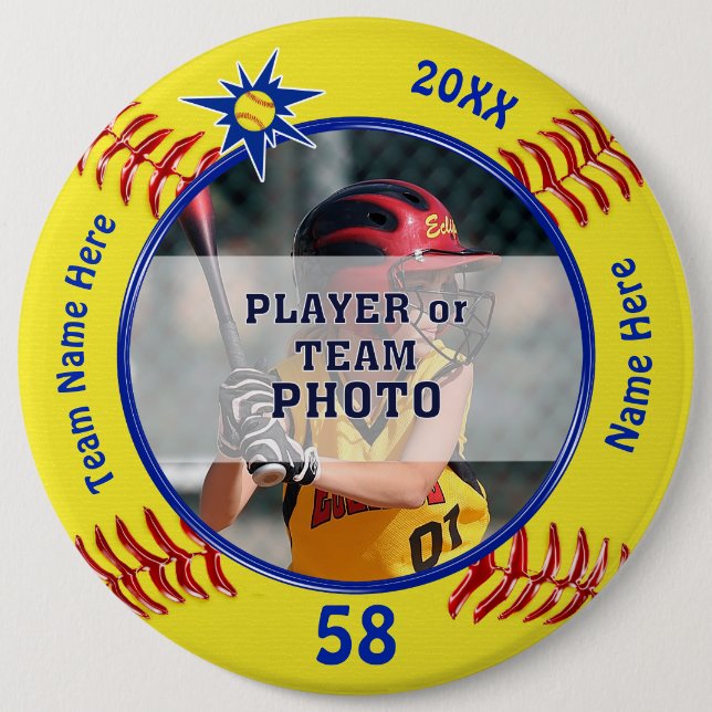 Photo Personalized Softball Pins, Softball Favours 6 Inch Round Button (Front)