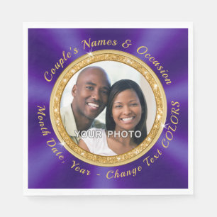 Photo Personalized Wedding Napkins, Purple, Gold Napkin