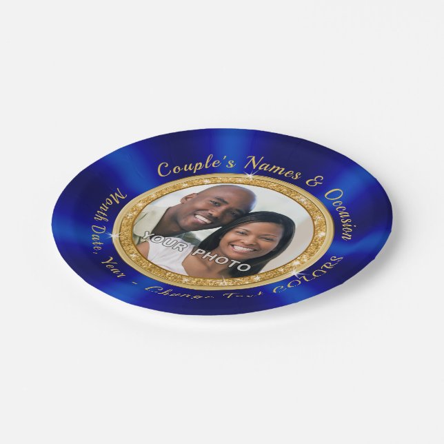 Photo Personalized Wedding Paper Plates, Blue Gold Plate (Angled)