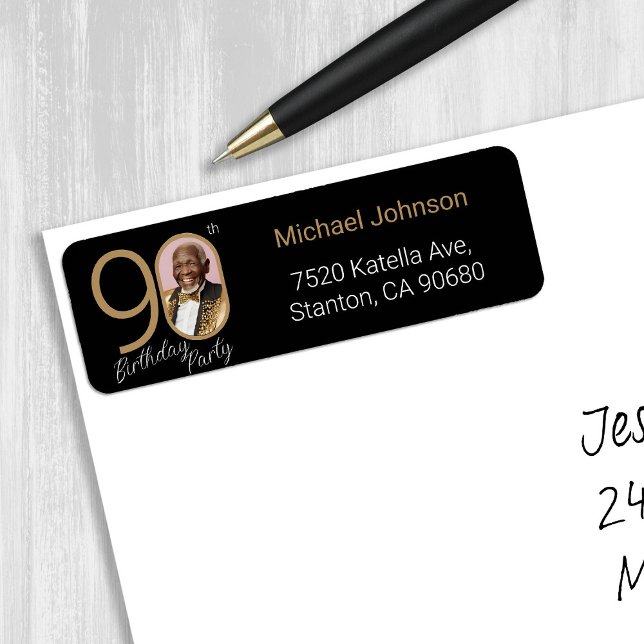 Photo personnalisée Black Gold 90e Anniversaire Ad (Custom Photo Black Gold 90th Birthday Address Label)