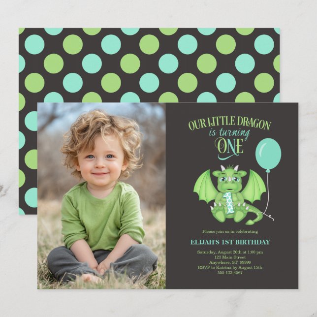 Photo personnalisée Cute Dragon 1er Invitation ann (Devant / Derrière)