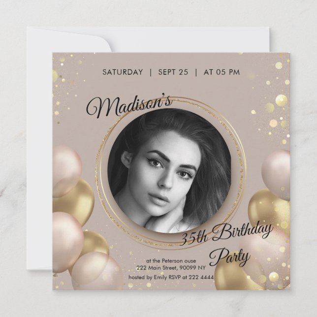 Photo personnalisée Gold & Beige Invitation Annive (Devant)