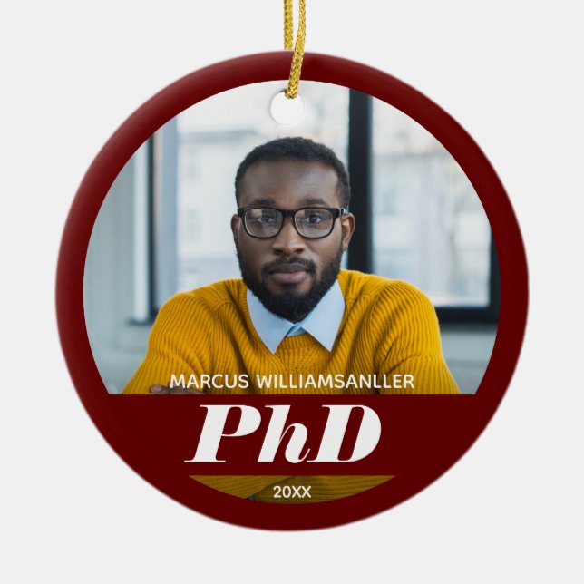 Photo PhD Degree Name Burgundy Graduation Ceramic  Ornament (Front)