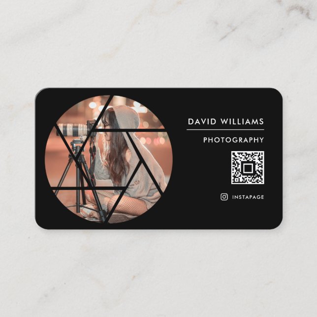 Photo Photographer QR Code Professional Black Business Card (Front)