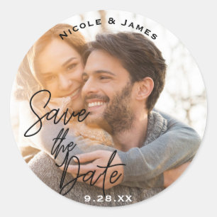 Photo Picture Black Modern Script SAVE THE DATE Classic Round Sticker