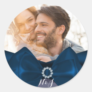 Photo Picture Glam Royal Blue Bow Wedding Favour Classic Round Sticker