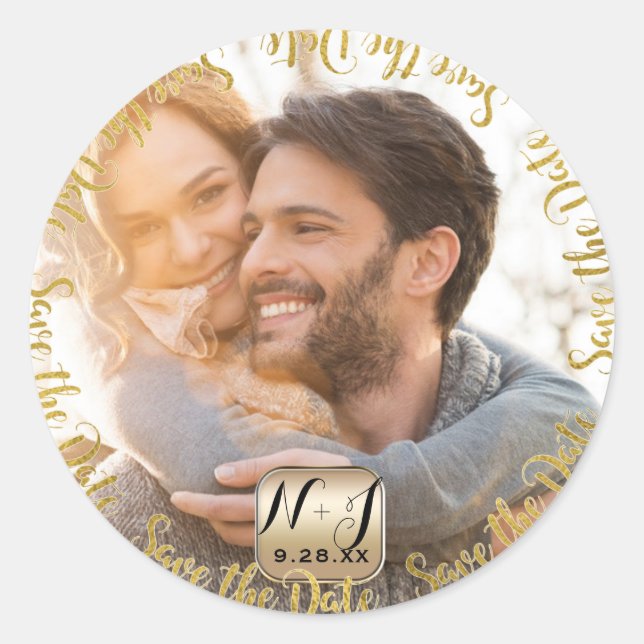 Photo Picture Gold Modern Save the Date Wedding Classic Round Sticker (Front)