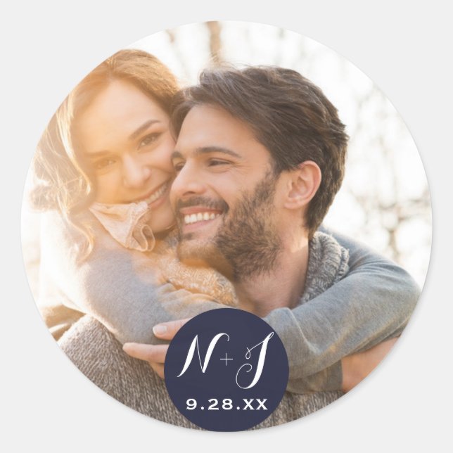 Photo Picture Navy Blue Modern Wedding Favour Classic Round Sticker (Front)