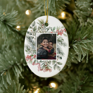 Photo Pine Greenery Holly Red Merry Christmas Ceramic Ornament