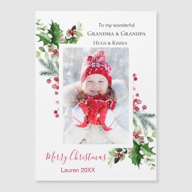 Photo Pine Holly Christmas Grandma Magnetic Card (Front)