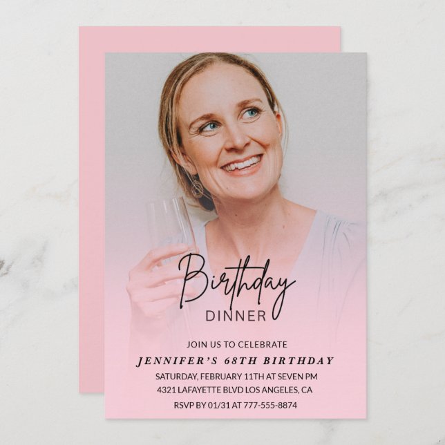 Photo Pink 68th birthday invitations Dinner (Front/Back)