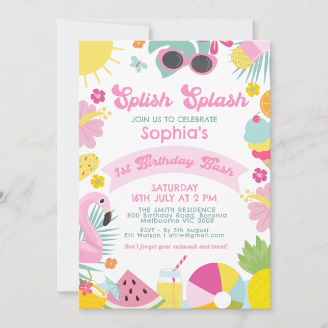 Photo Pink Banner Retro Splish Splash 1st Birthday Invitation (Front)