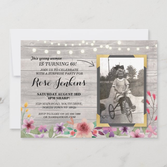 Photo Pink Birthday Floral Rustic Wood Invitations (Front)