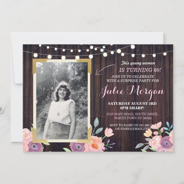 Photo Pink Birthday Floral Rustic Wood Invitations (Front)
