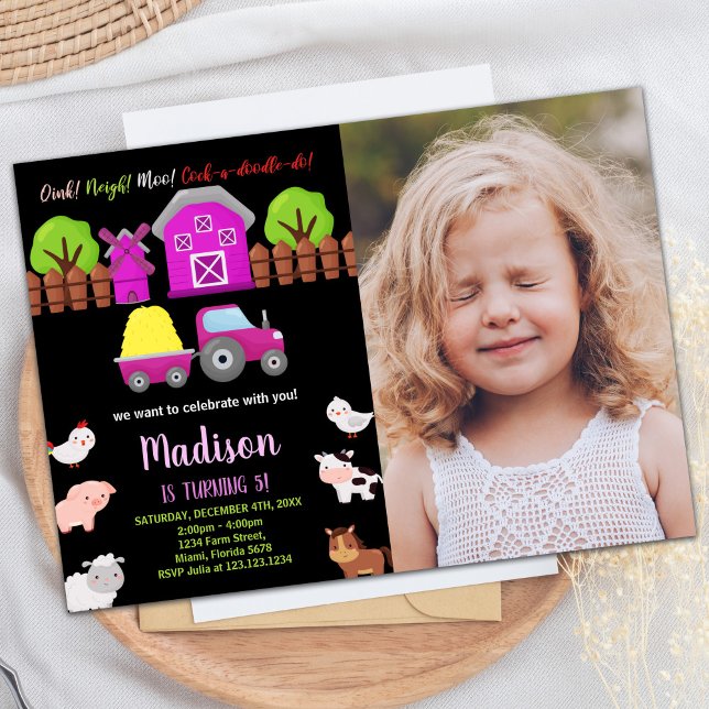 Photo Pink Black Green Farm Animals Birthday Invitation (Photo Pink Black Green Farm Animals Birthday Invitation)