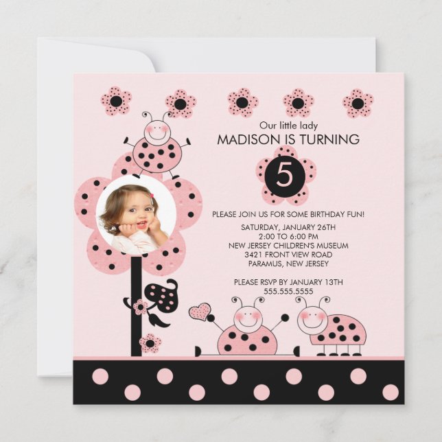Photo Pink & Black Ladybugs Birthday Invitation (Front)