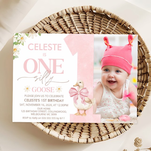 Photo Pink Bow Daisy One Silly Goose 1st Birthday Invitation (Photo One Silly Goose Birthday Invitation Template One Silly Goose Birthday Invitation Template )