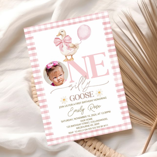 Photo Pink Bow One Silly Goose 1st Birthday  Invitation (One Silly Goose Birthday Invitation Template One Silly Goose Birthday Invitation Template Printable
)
