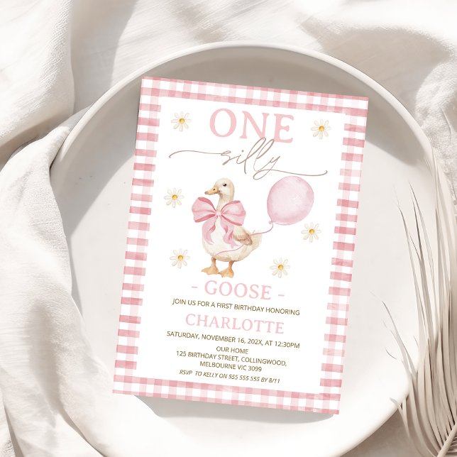 Photo Pink Bow One Silly Goose 1st Birthday  Invitation (Pink One Silly Goose Birthday Invitation Template One Silly Goose Birthday Invitation Template )