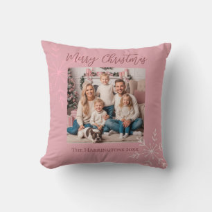 Photo Pink Christmas Script Hand Drawn Snowflakes Throw Pillow
