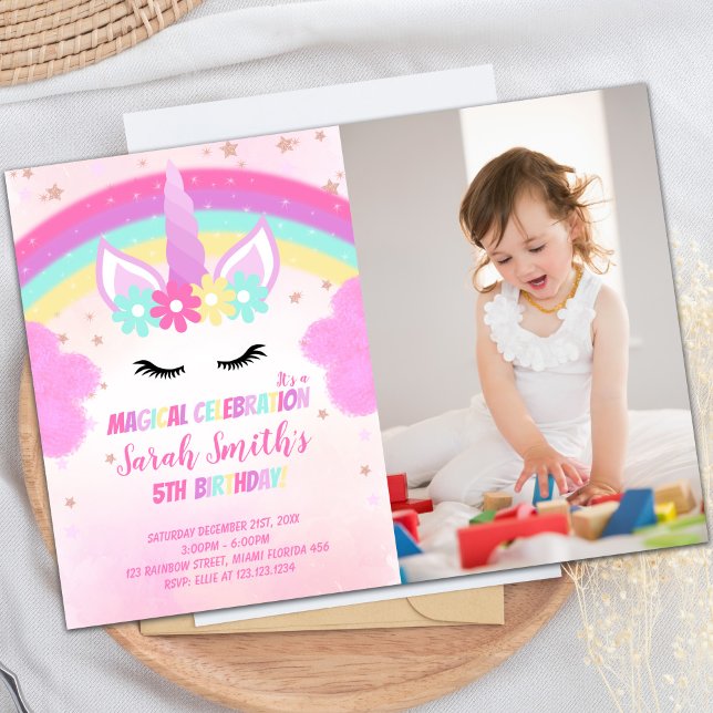 Photo Pink Cloud Unicorn Invitations d'anniversair (Photo Pink Cloud Unicorn Birthday Invitations)